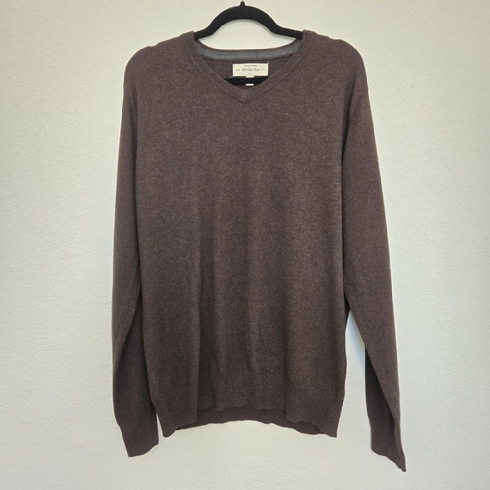 Hawker Rye‎ Mens Brown Knit Sweater Vneck L Cotton Cashmere